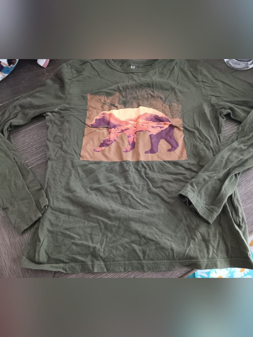 GAP Olive Green Long Sleeve Tee with Purple & Tan Bear Graphic